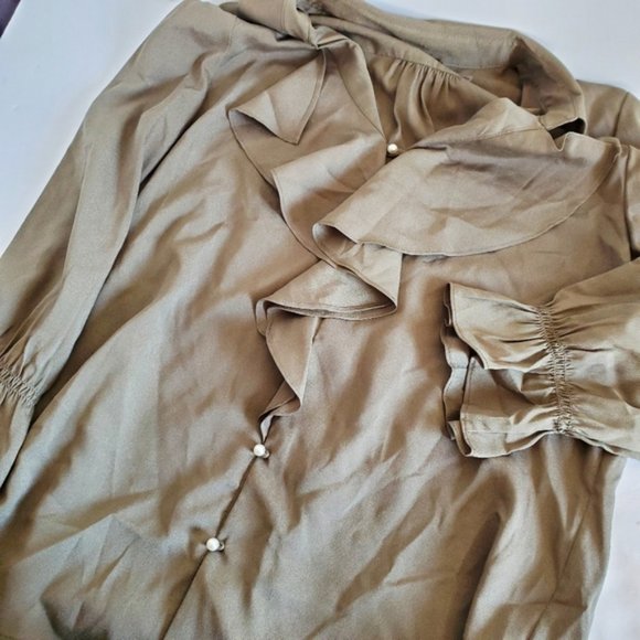 KARL LAGERFELD Bell Sleeve Ruffle Olive Green Pearl Button Top XS - Picture 5 of 8